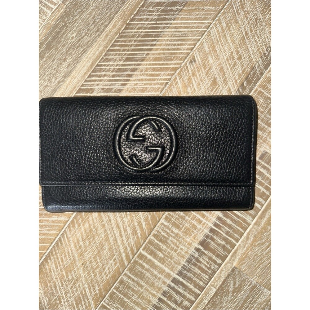 Gucci Soho Cellarius Double Logo Black Pebbled Leather Snap Flap Clutch Wallet